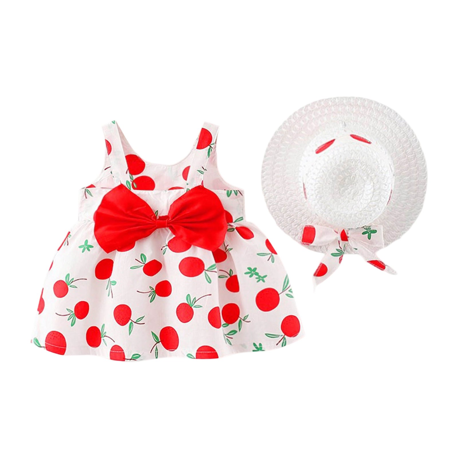 Fshinging Polka Dot Fruit Print Toddler Girl Princess Dresses With Hat 2 Piece Sets Summer Sleeve Bowknot Suspender Dress Size 1-2 Years